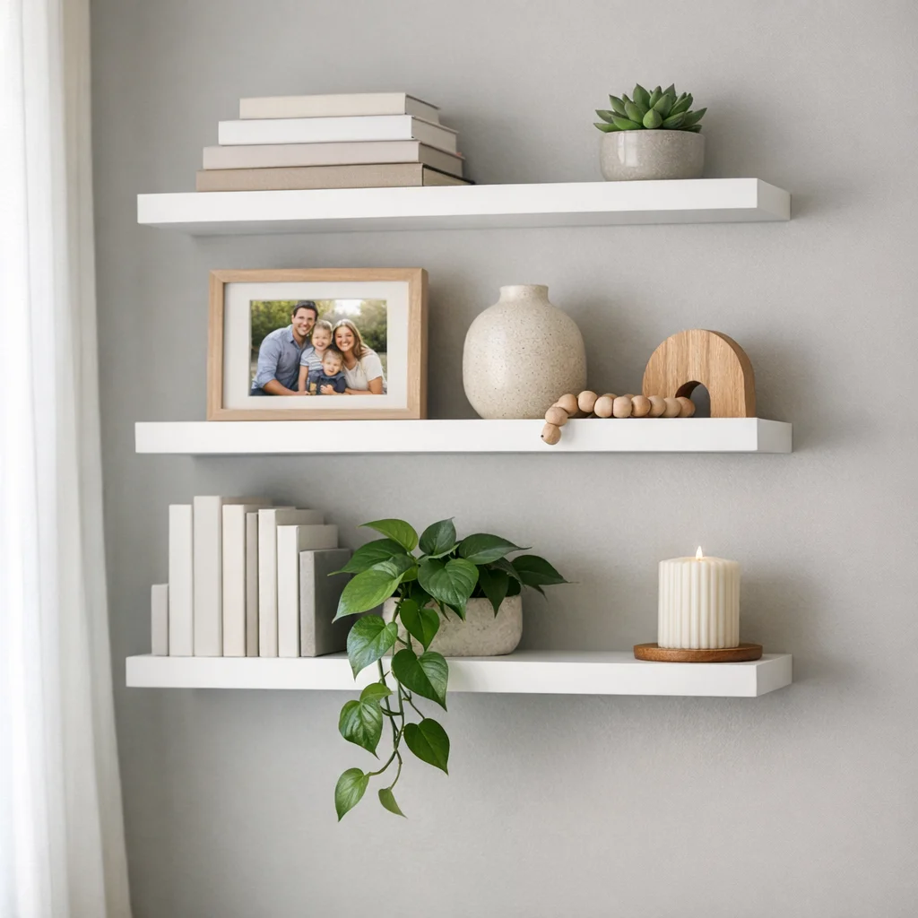 Three white floating shelves mounted on a soft gray wall in an American living room, professionally styled with curated decor. Top shelf features hardcover books stacked horizontally with small potted succulent. Middle shelf displays framed family photo, ceramic vase, and wooden decorative object. Bottom shelf shows books standing vertically, trailing pothos plant, and decorative candle. Natural window light from left side creating soft shadows. Clean, minimalist aesthetic, Scandinavian-American fusion style, sharp focus, interior design editorial photography, 85mm portrait lens perspective