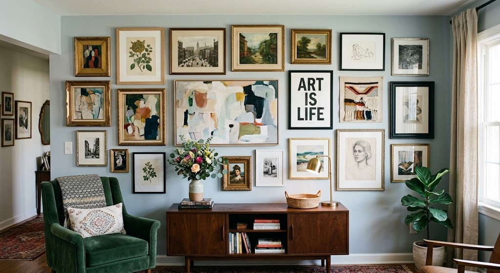 Gallery wall of framed artworks above wooden credenza