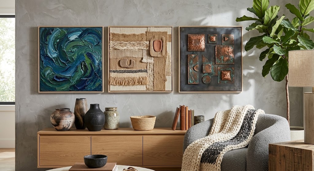 Three artistic wall hangings above wooden sideboard with ceramics