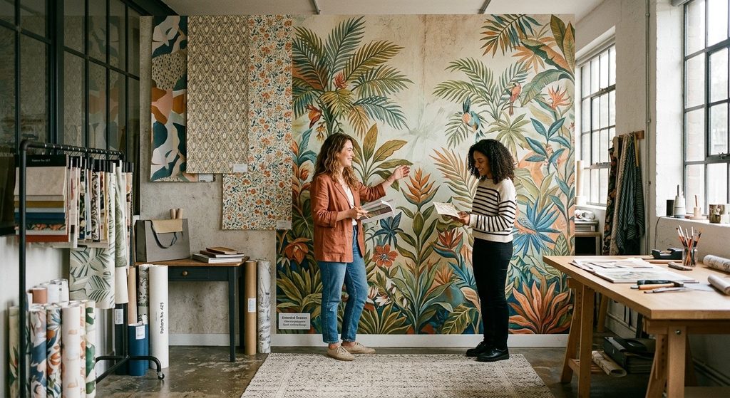Two women choosing tropical botanical wallpaper samples in studio