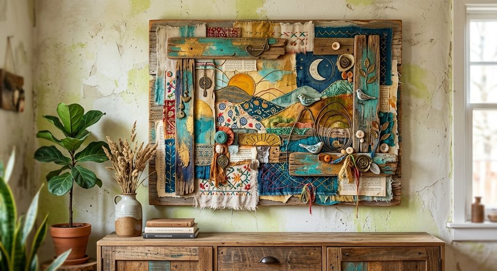 Colorful mixed-media textile collage wall art with sun motif