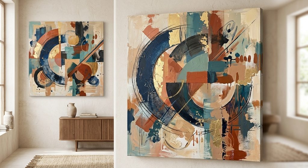 Abstract circular painting in teal rust and gold tones