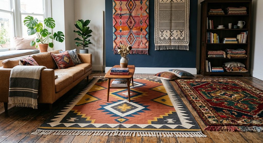 Bohemian living room with layered rugs and woven wall hangings