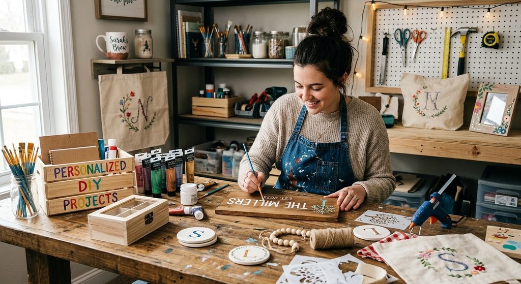 Woman painting a personalized wooden sign in craft room
