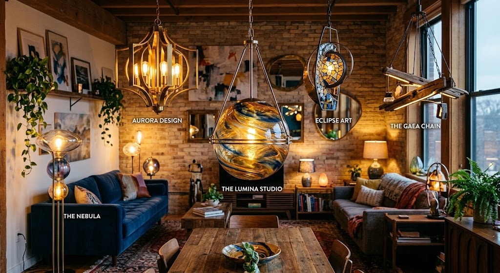 Artistic pendant lights hanging in brick-walled loft living room