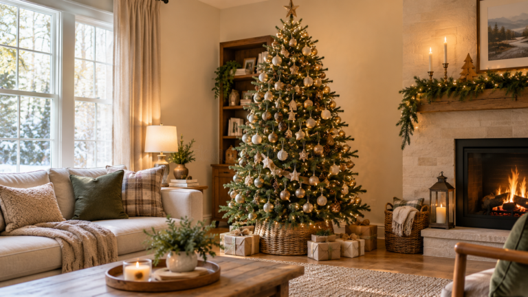 Elegant cozy Christmas tree decorated with neutral ornaments in a modern living room