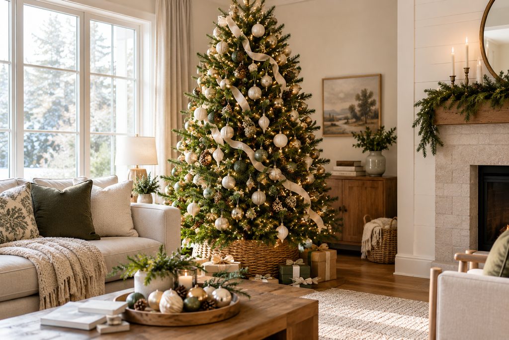 Neutral cream and gold Christmas tree color scheme in a modern living room