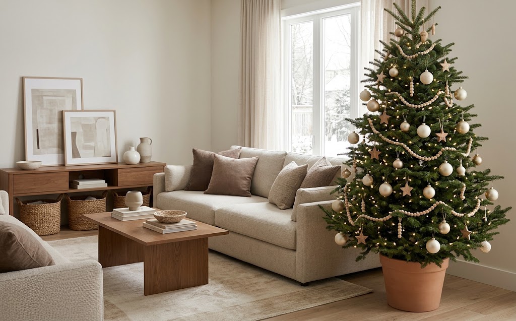 Show a Christmas tree intentionally coordinated with the room's existing beige, brown, wood, and textile colors.