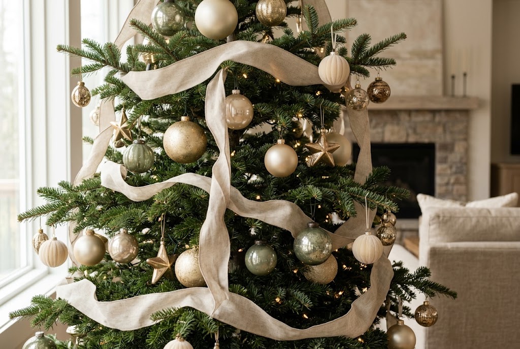 Christmas tree ribbon and layered ornaments in mixed matte metallic and textured finishes