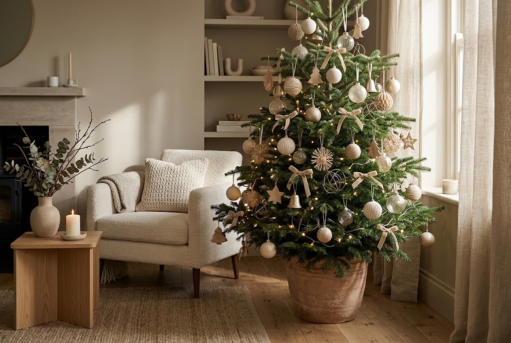 Elegant neutral Christmas tree with cream beige champagne and natural textures