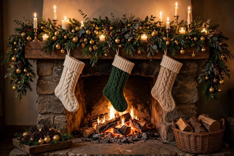 Christmas mantel decorated with a draped green garland, brass candlesticks, red stockings and a bowl of gold ornaments