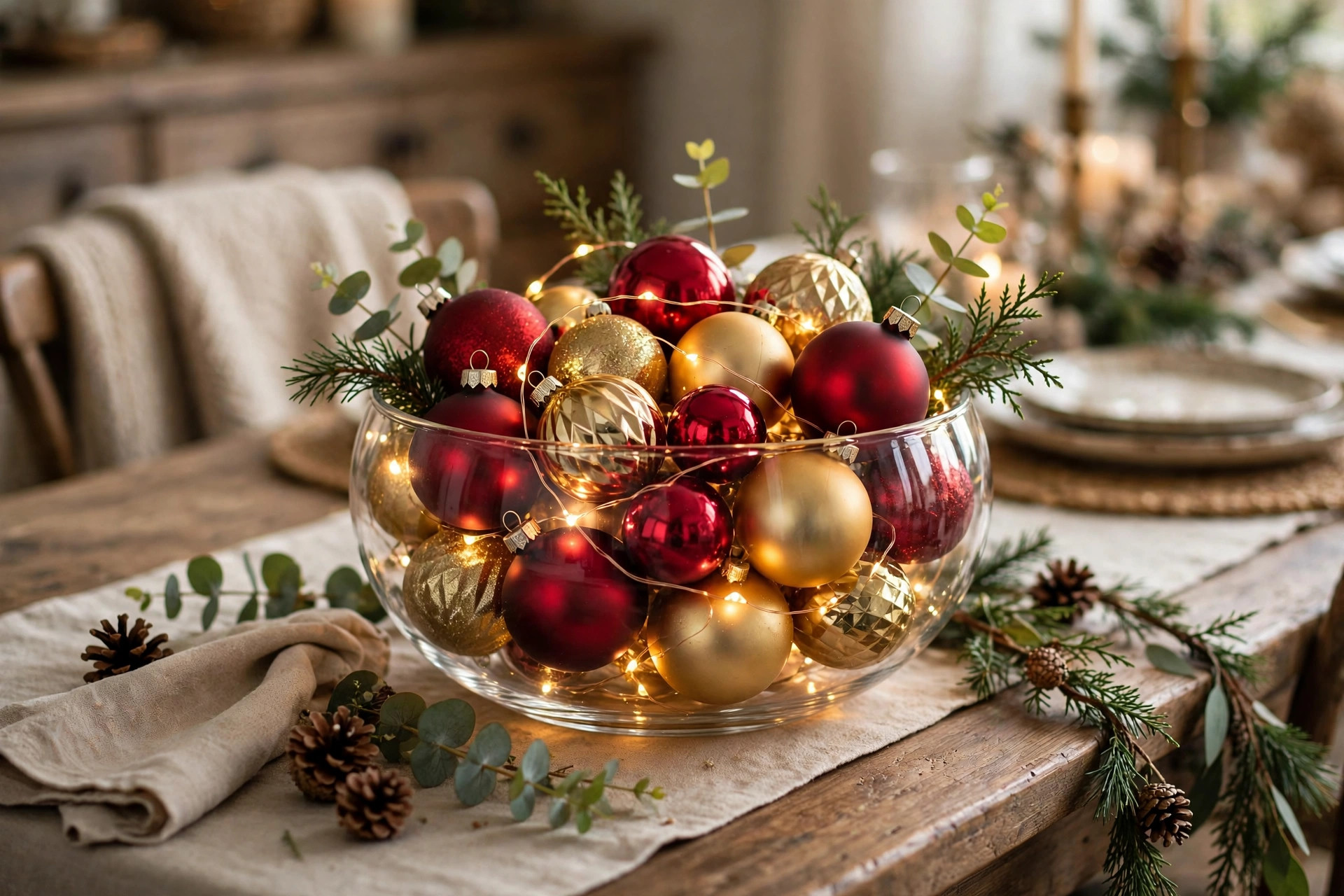 Glass bowl of Christmas ornaments with fairy lights