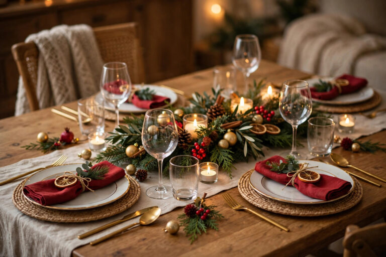 Christmas table setting with low centerpiece and candles