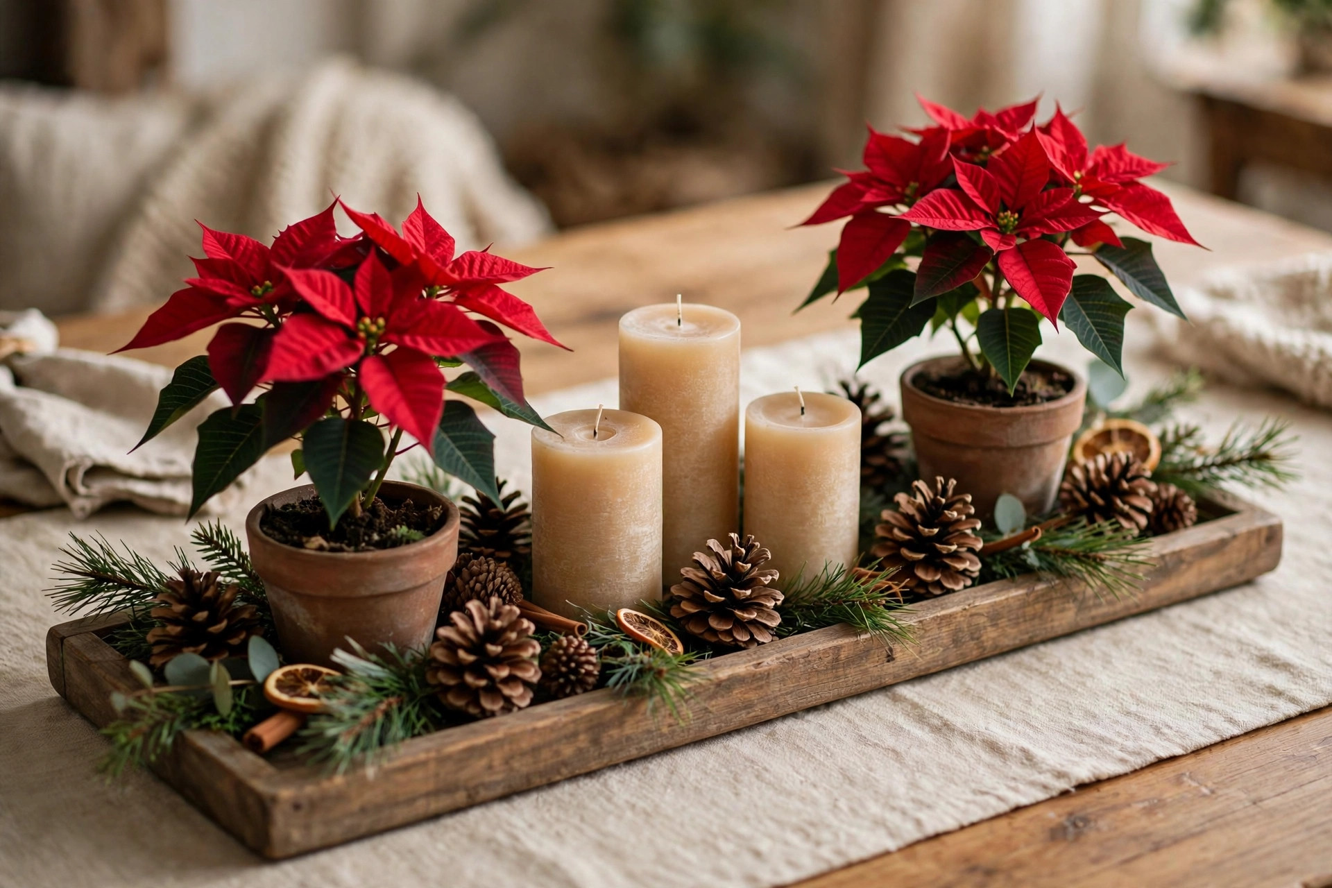 Poinsettia and pillar candle Christmas centerpiece on wooden tray