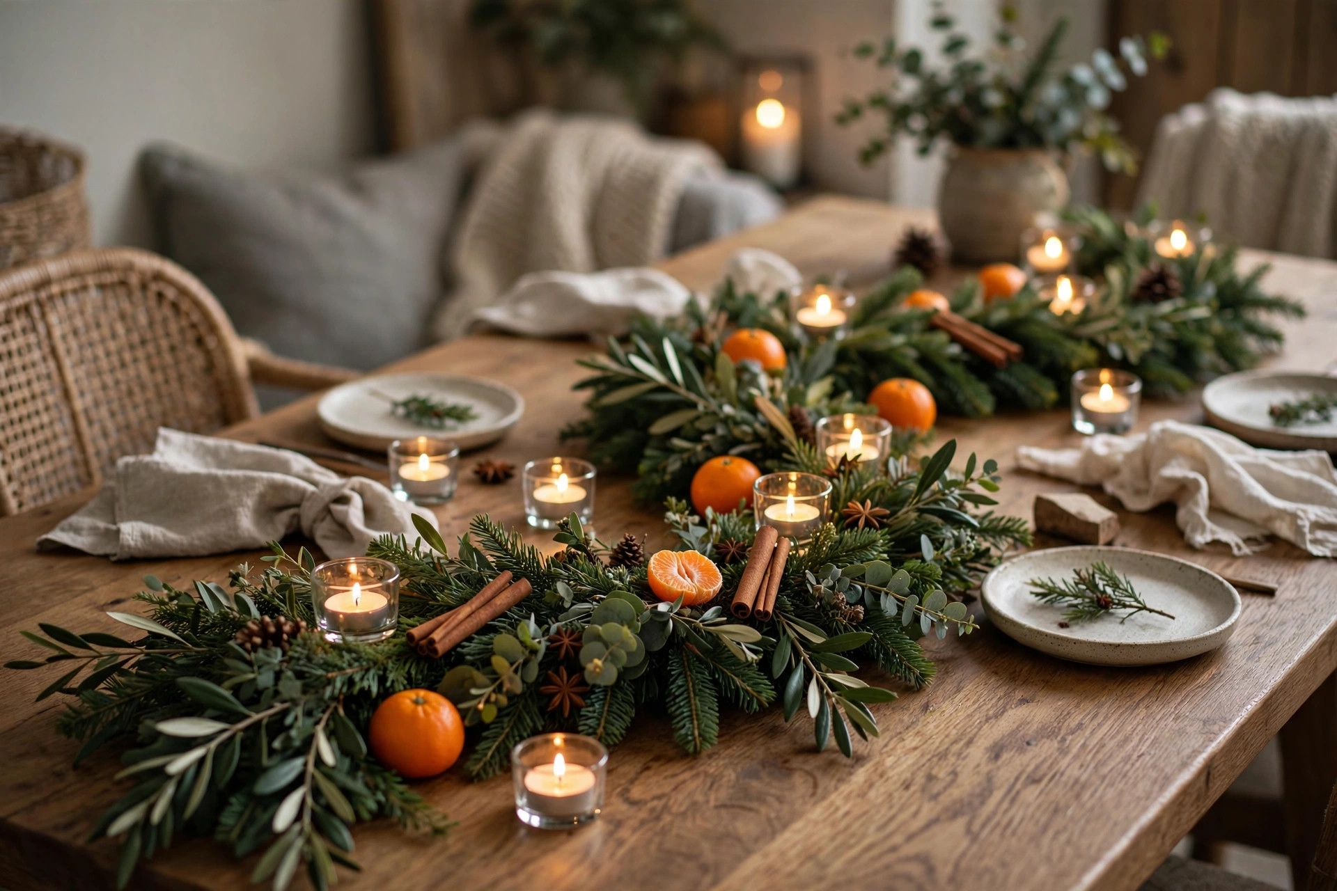 Greenery garland Christmas table runner with tealights and oranges