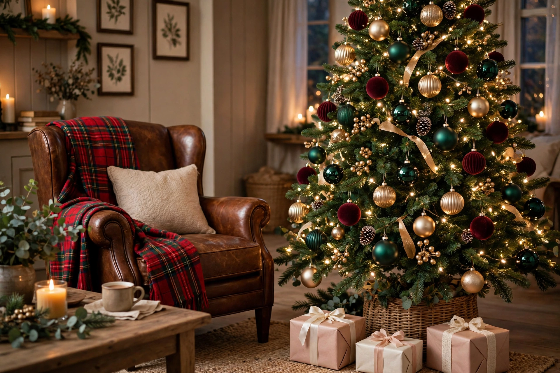 Christmas tree decorated in an emerald and burgundy jewel tone color scheme with champagne gold ornaments and a heritage plaid throw nearby