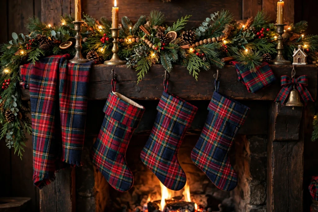 Christmas living room with heritage plaid decorations, tartan throw and holly red and hunter green accents