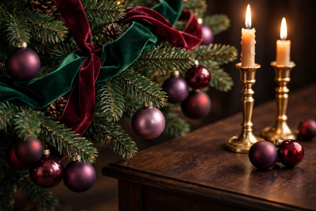 Living room decorated with jewel tone Christmas colors, emerald and burgundy ornaments with champagne gold accents