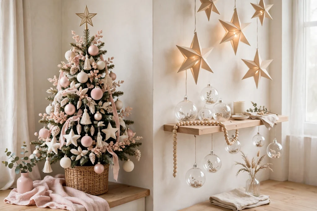 Christmas decor in pink and neutral tones with blush ornaments and ivory accents