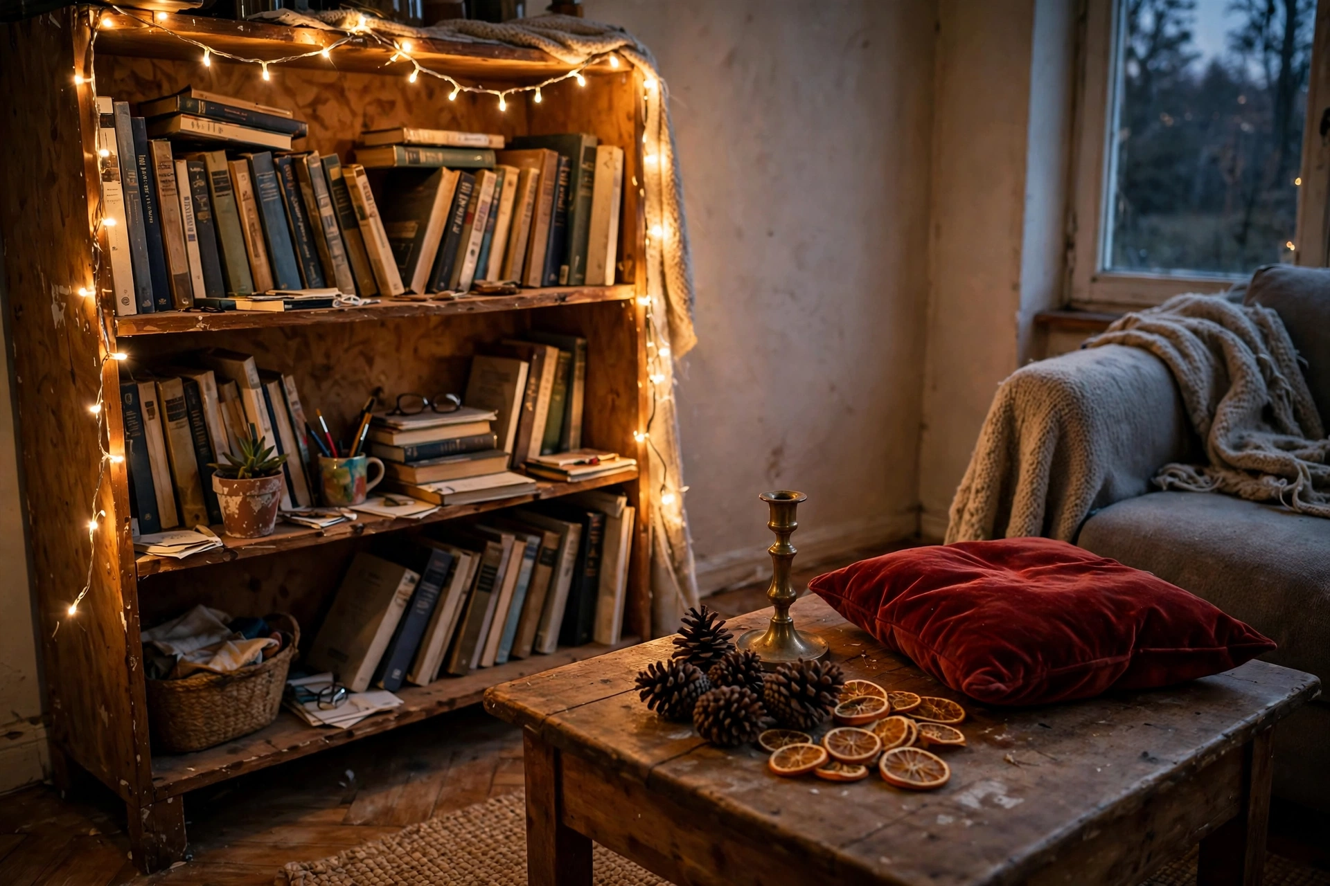 Living room decorated for Christmas on a budget with warm-white string lights, pinecones, dried orange slices, a red cushion and a brass candlestick