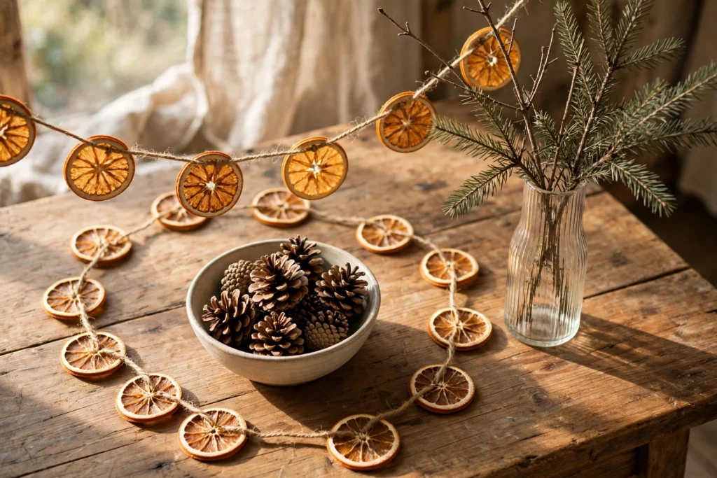 Dried orange slice garland, pinecones and evergreen branches as free Christmas decor