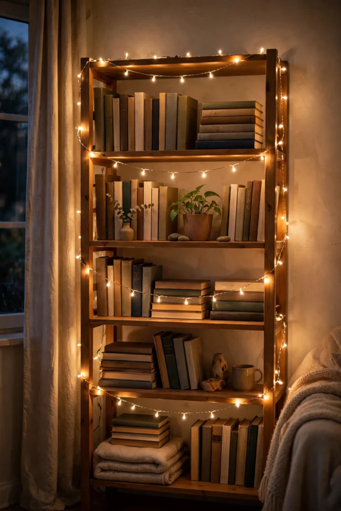 Bookshelf wrapped with warm-white string lights for budget Christmas lighting