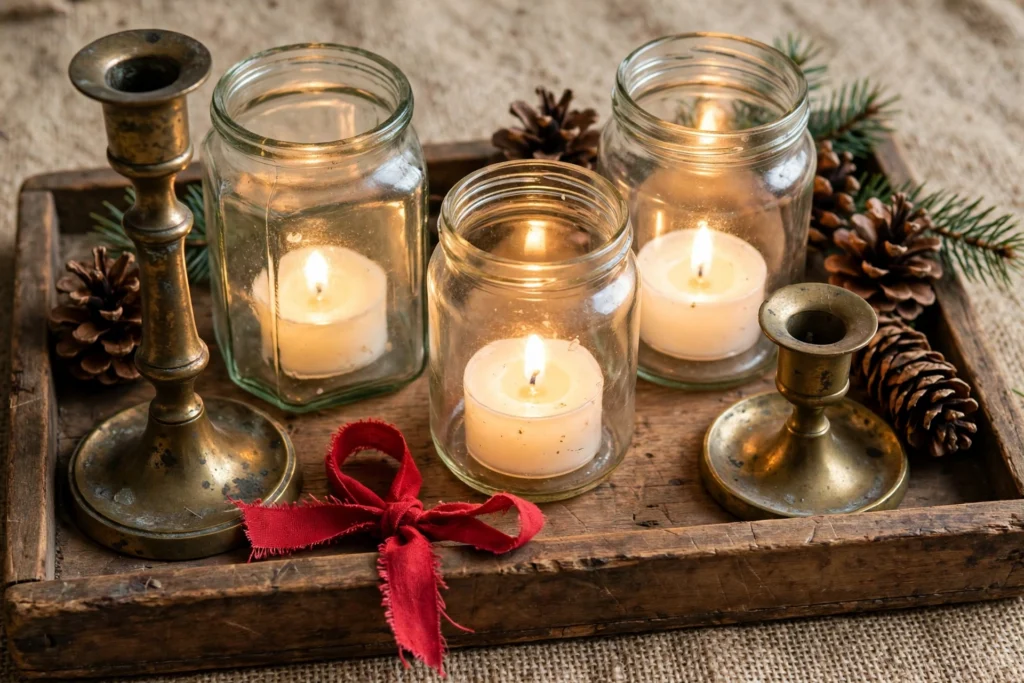 Thrifted brass candlesticks, glass jars with tealights and pinecones as a budget Christmas table vignette