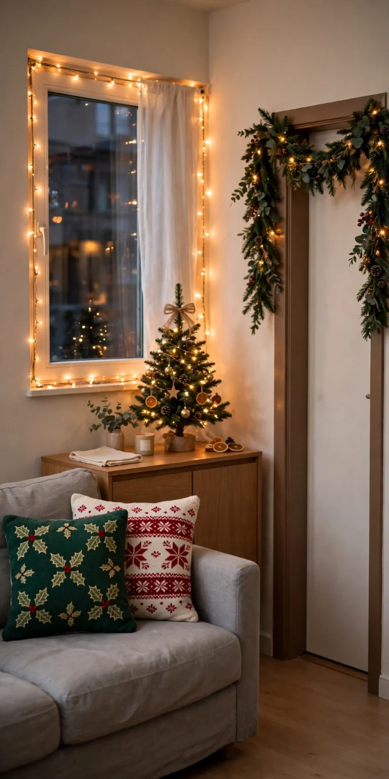Small apartment living room decorated for Christmas with a tabletop tree, window fairy lights and a garland over the door frame, using no floor space