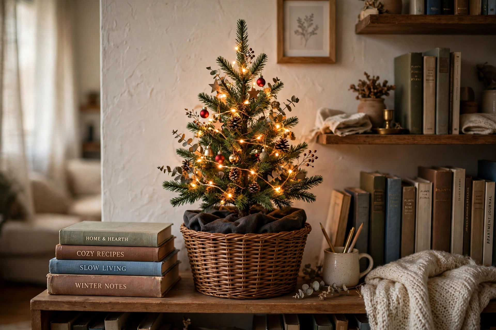 Small tabletop Christmas tree in a weighted basket on a bookshelf, decorated with ornaments and warm fairy lights