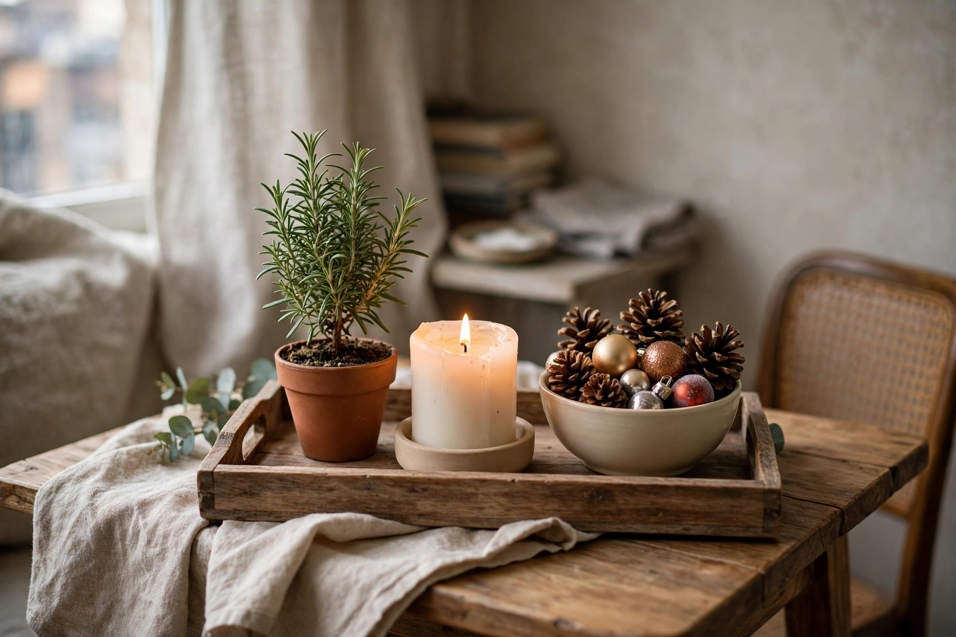 Tray centrepiece on a small dining table with a candle, a tiny potted rosemary tree, pinecones and ornaments