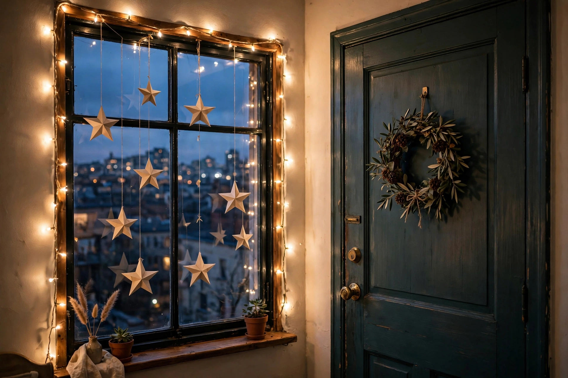 Small apartment window framed with warm-white fairy lights and paper stars, with a wreath on the inside of the front door
