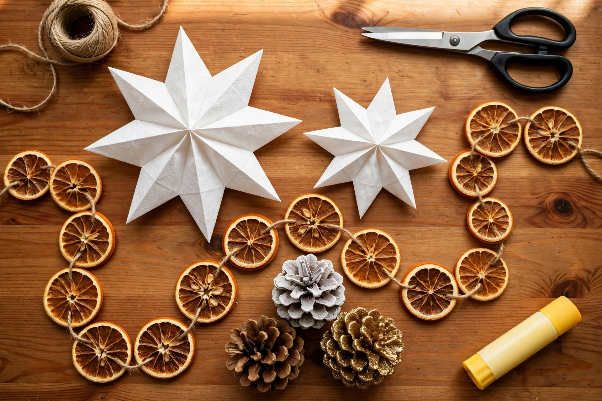 DIY Christmas decorations on a wooden table: handmade paper bag stars, a dried orange slice garland and pinecone ornaments with twine