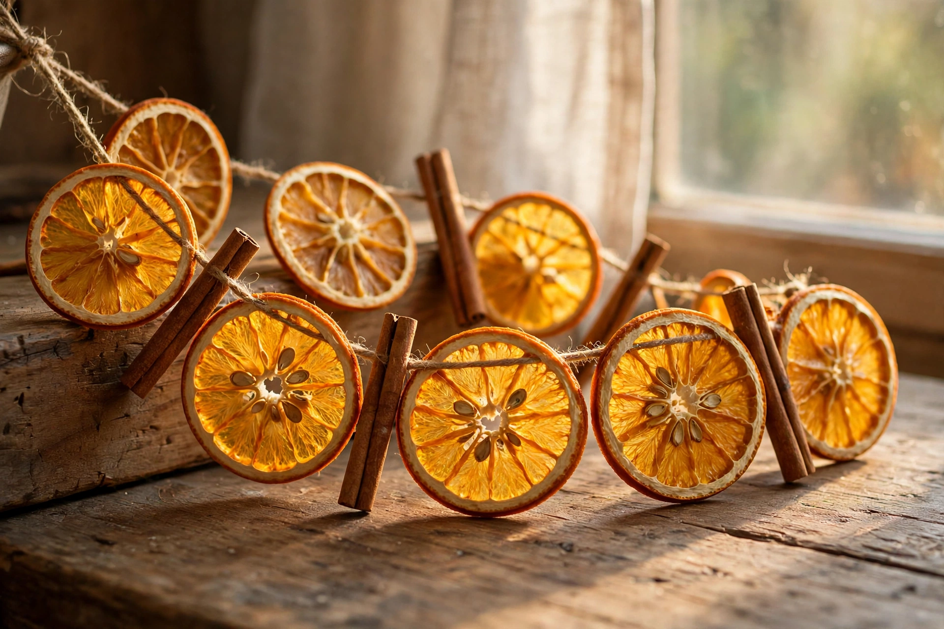Dried orange slice garland strung on twine with cinnamon sticks in warm natural light