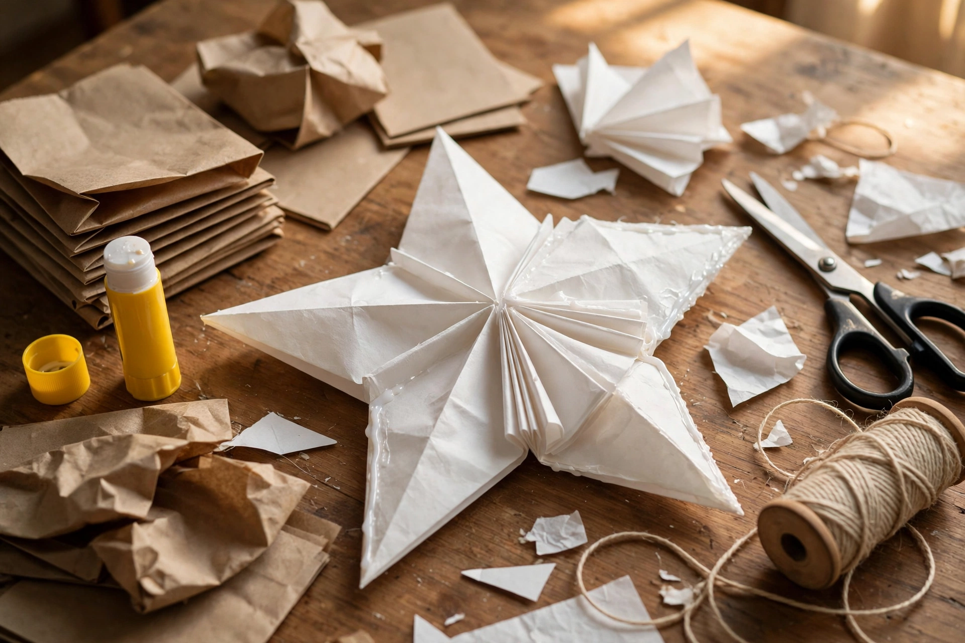 Handmade white paper bag stars with twine for hanging, kraft paper bags, scissors and glue stick on a wooden table