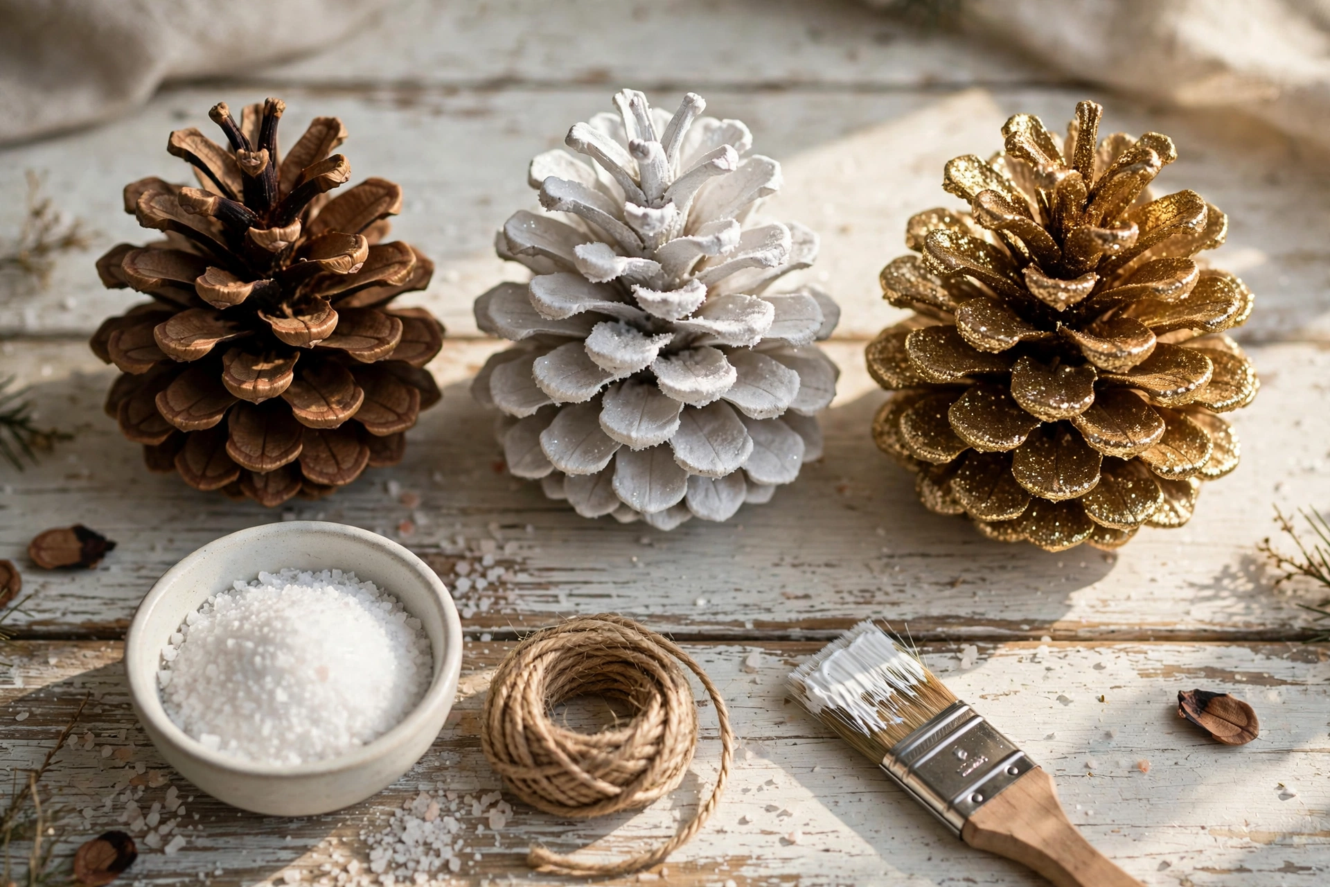 Pinecone Christmas ornaments in natural, frosted white and gold glitter finishes with paint, Epsom salt and twine