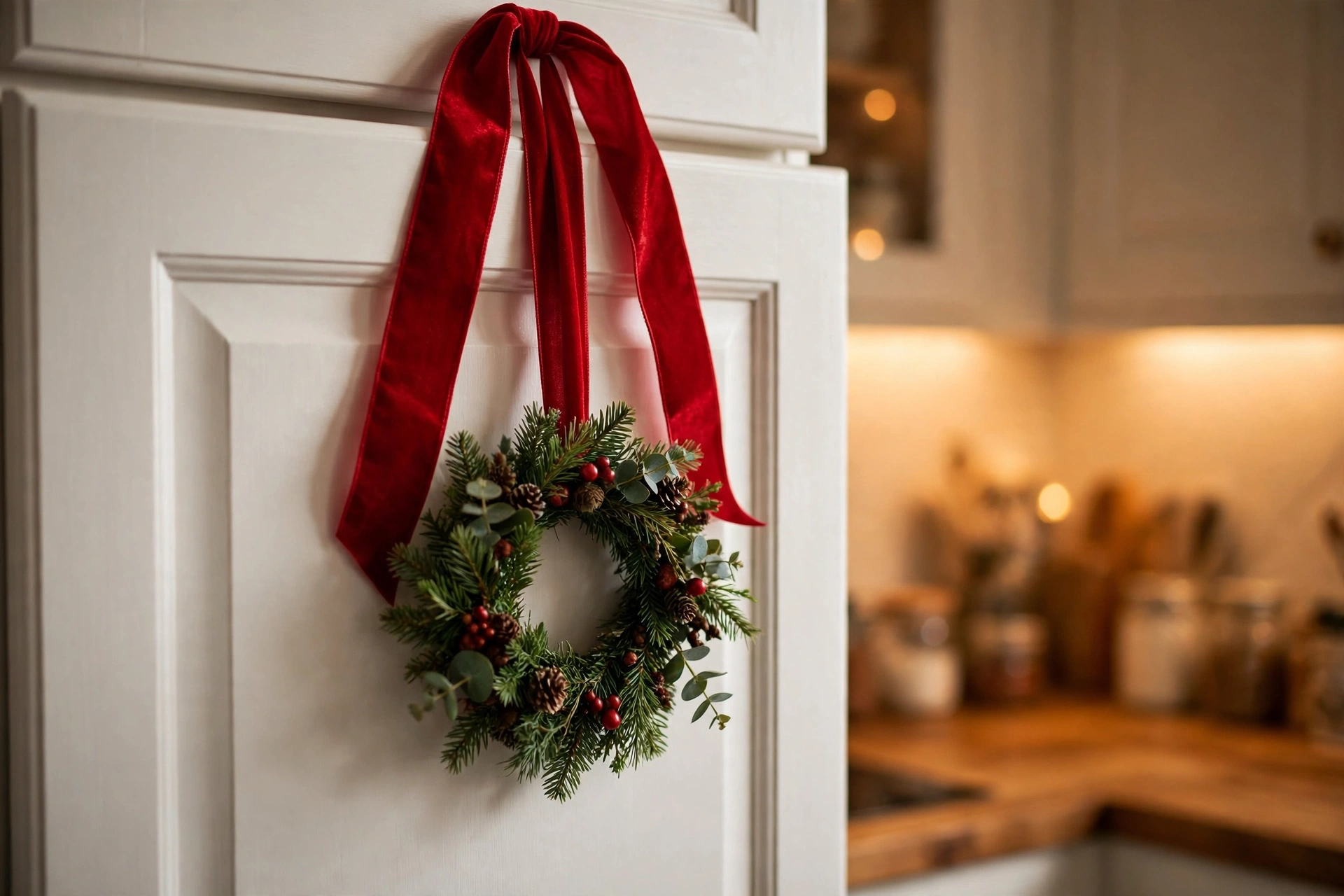 Small green Christmas wreath hung from red velvet ribbon on a white kitchen cabinet door.
