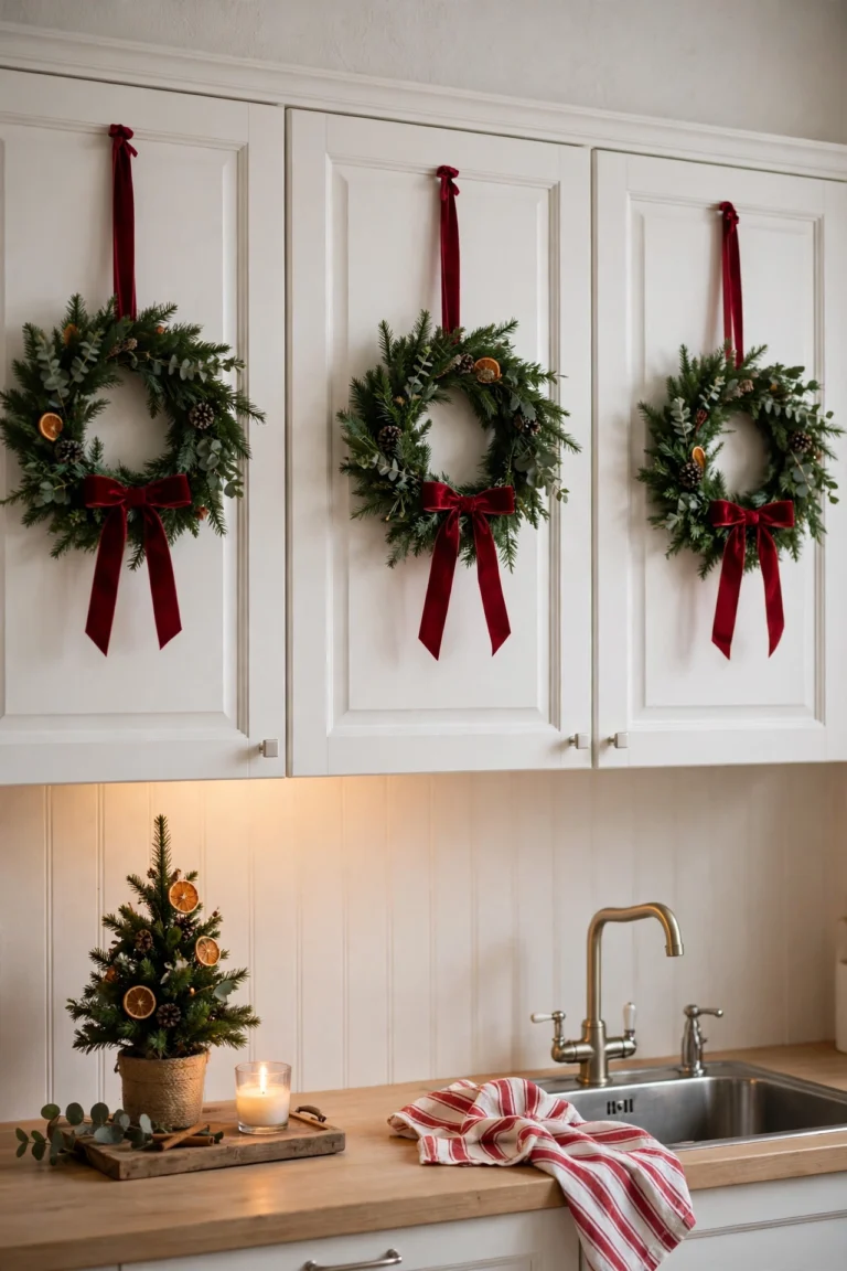 White kitchen cabinets decorated with mini green Christmas wreaths hung from red velvet ribbon, with a small tabletop tree and candle tray on the counter.