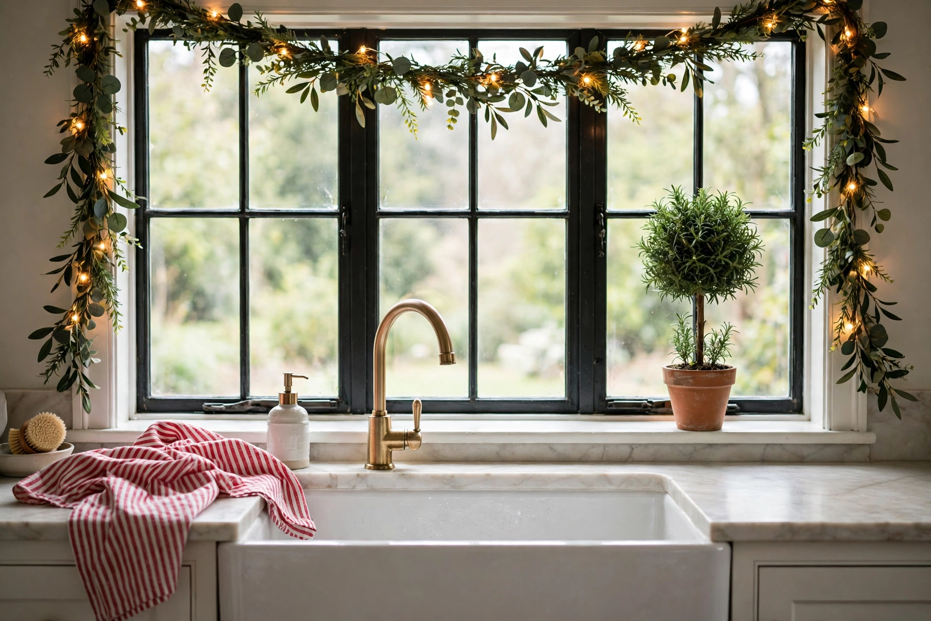 Kitchen sink window framed with faux garland and warm fairy lights, rosemary topiary on the sill and red-striped towels.