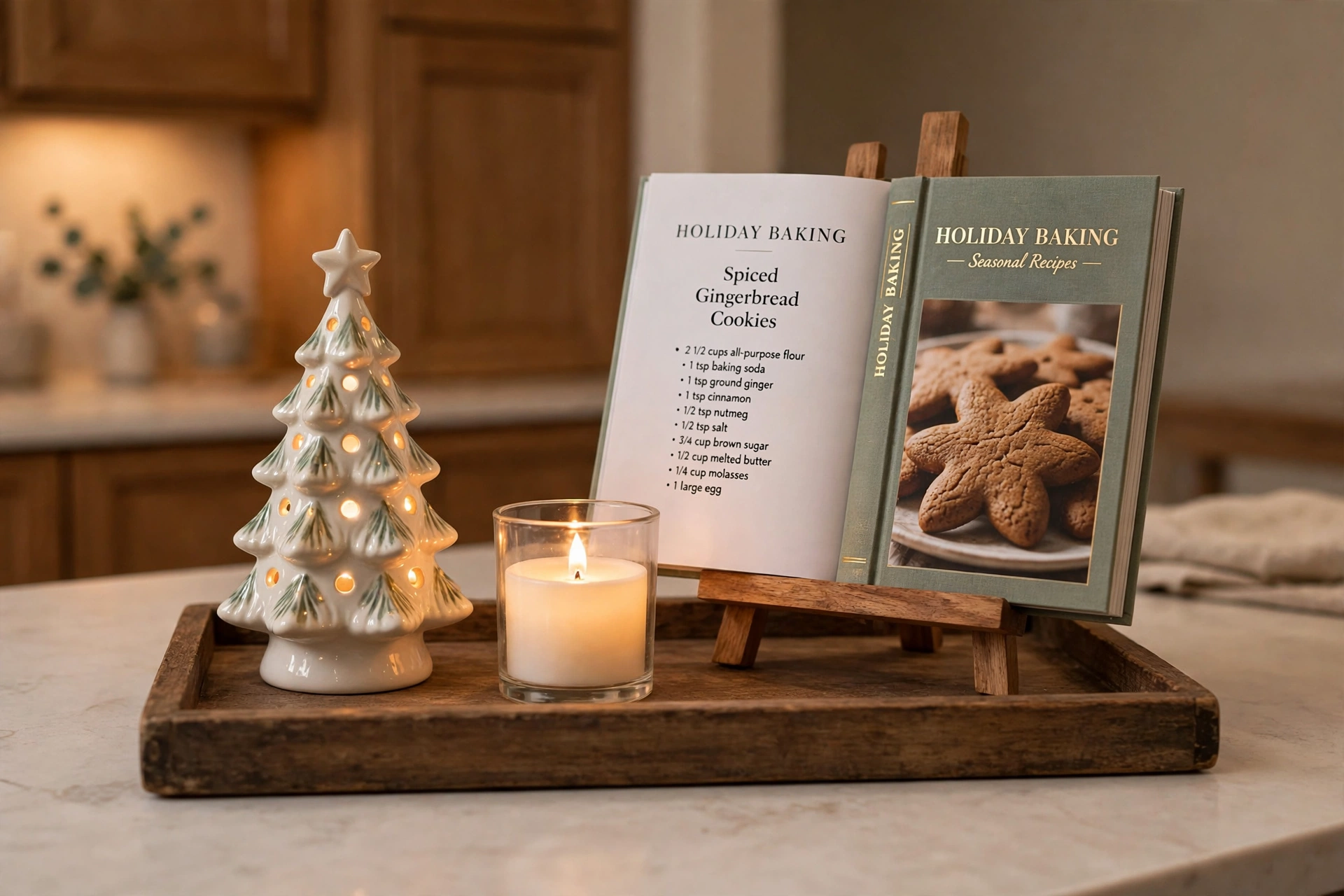 Wooden tray on a kitchen counter with a small ceramic Christmas tree, battery candle and cookbook.