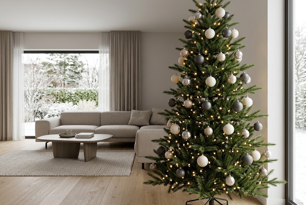 Modern minimalist Christmas tree with matte ornaments and warm white lights