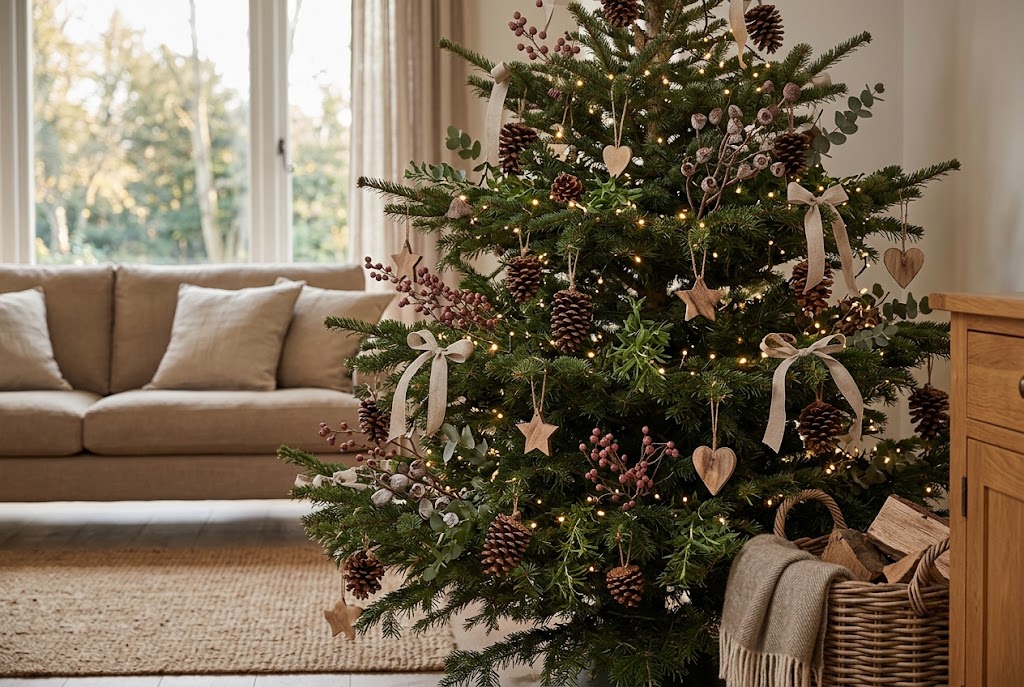 Natural Christmas tree decorated with pinecones wood ornaments berries and greenery
