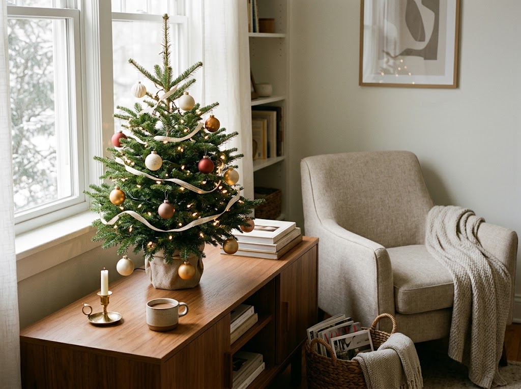 Small tabletop Christmas tree decorating a cozy compact apartment space